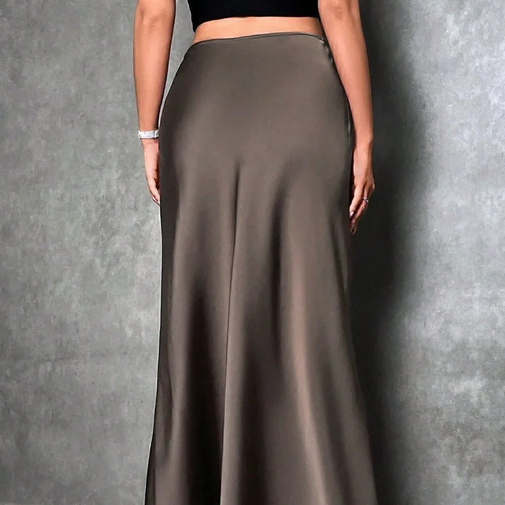 Brown Casual Womens Solid Maxi Satin Skirt